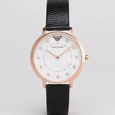 Emporio Armani Kappa Mother of Pearl Dial Black Leather Strap Watch For Women - AR80011